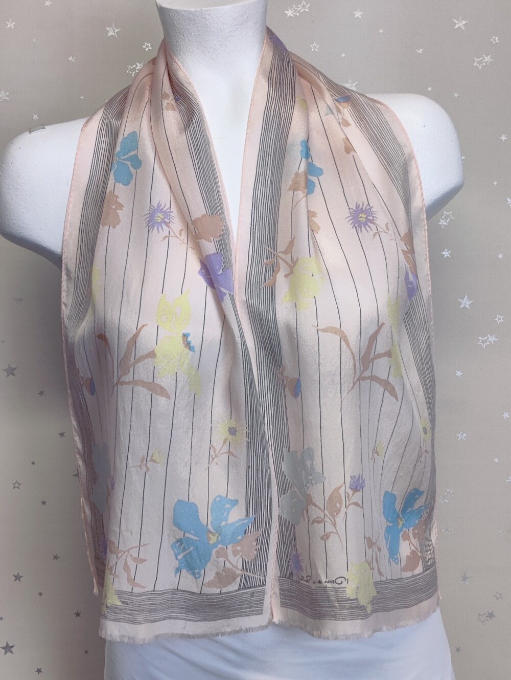 Oscar de la Renta Floral Scarf Blush Pink Striped Fringe 10" x 47"